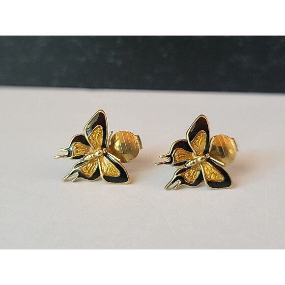 Enamel Butterfly Gold Tone Metal Butterfly Shaped Clip-on Earrings Vintage - Picture 3 of 10